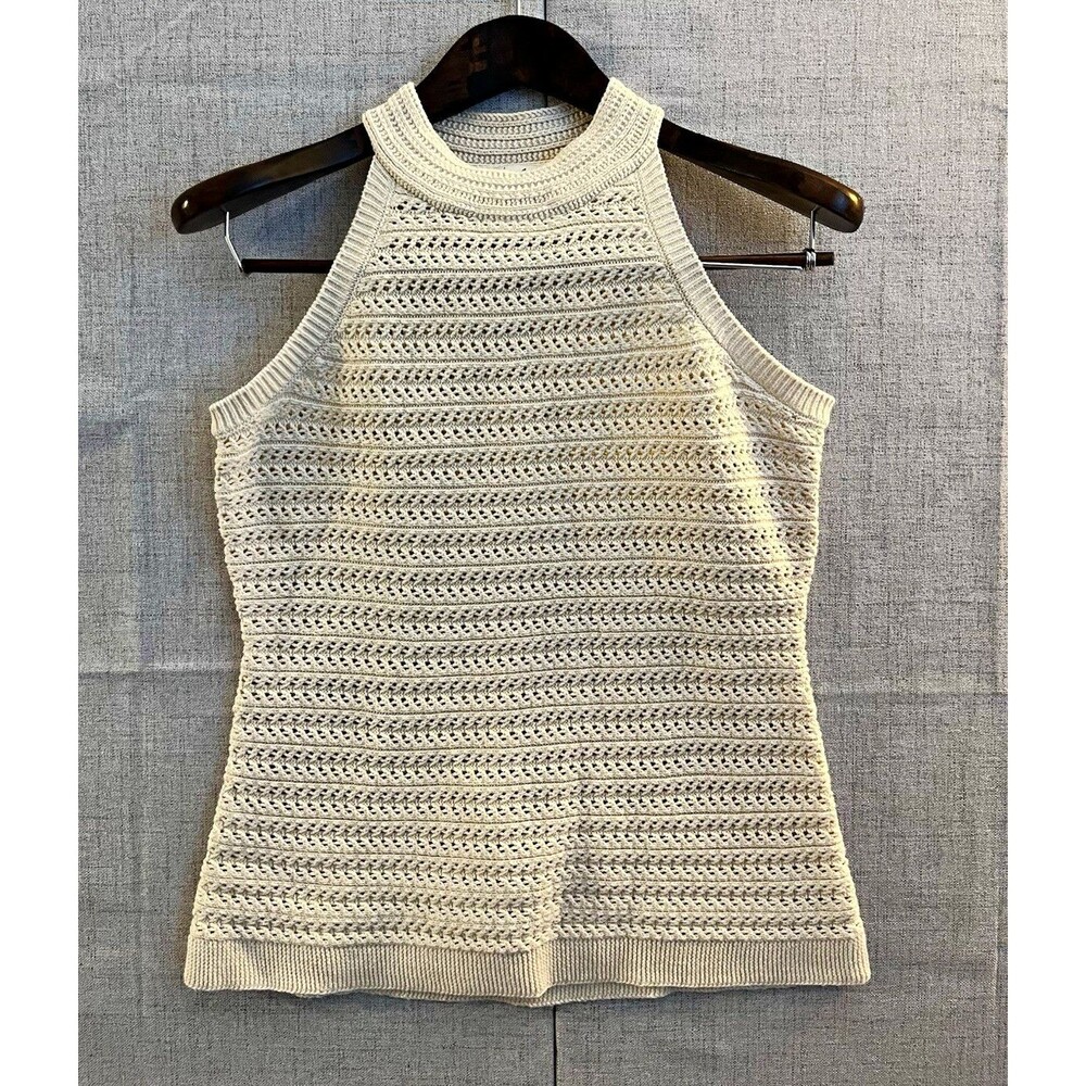 Wonderly Beige Crochet Knit High Neck Sleeveless Tank Top Petite Medium 0114